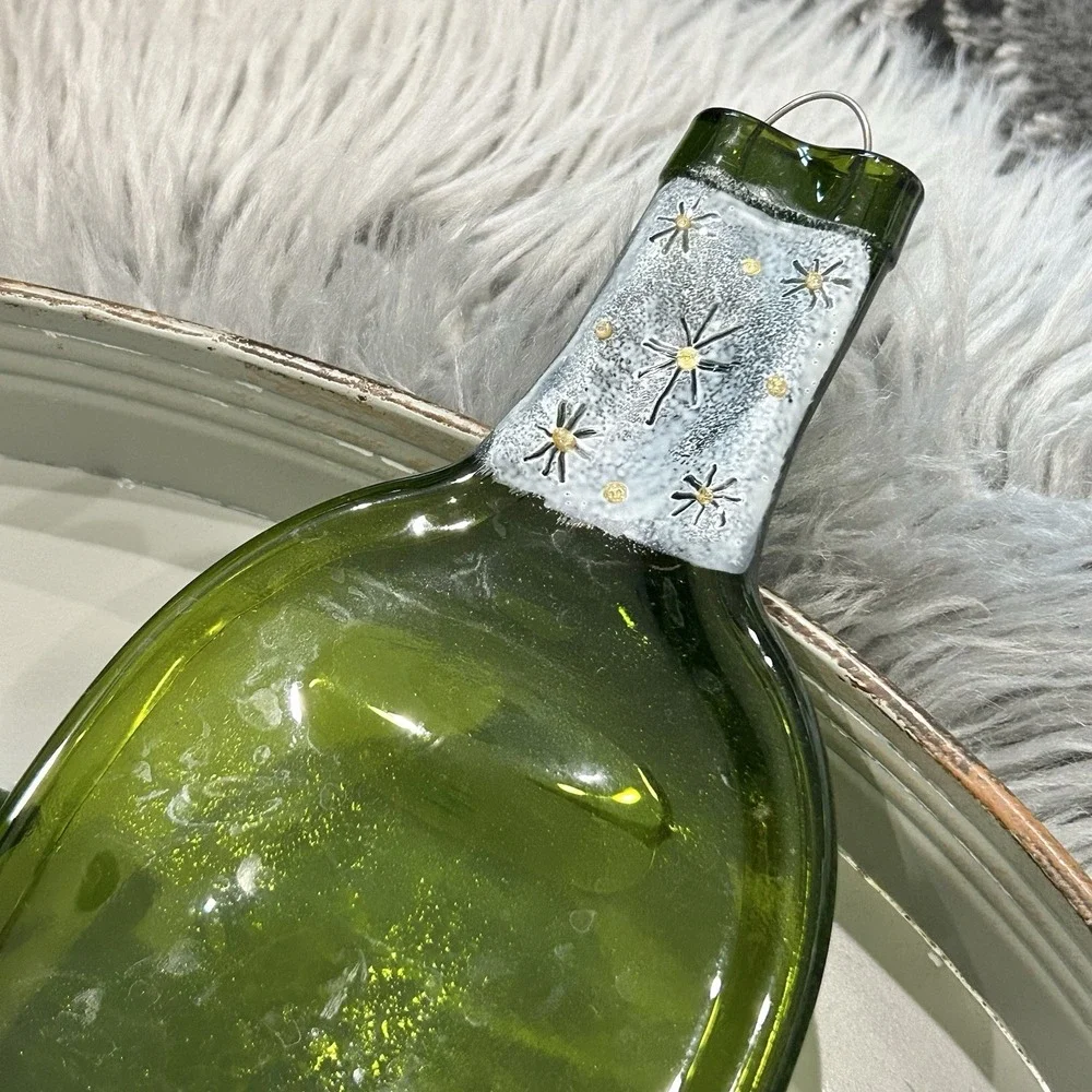 Flattened Green Glass Wine Bottle Spoon Rest Window Wall Decor Art Glass 12